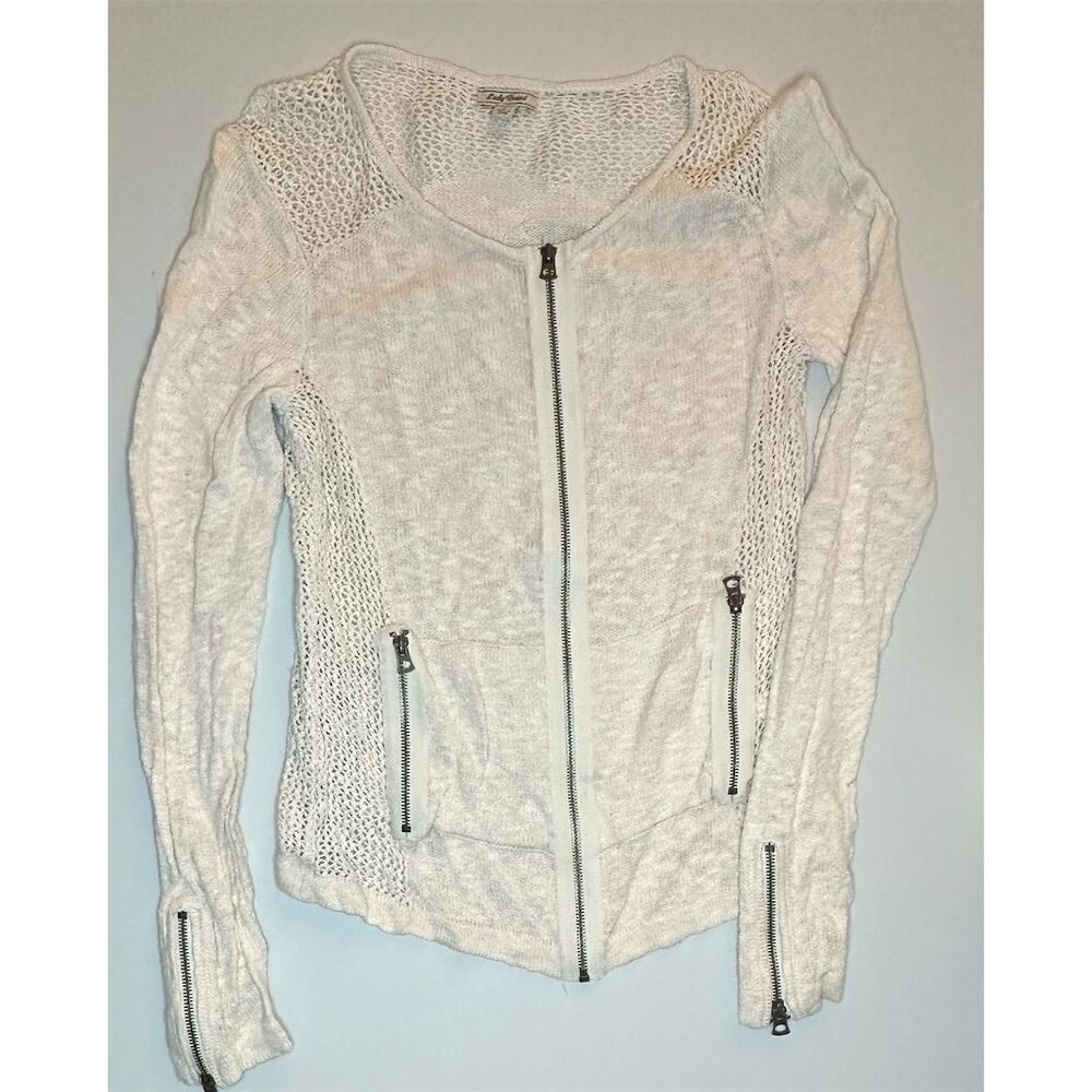 Lucky Jeans Women's Ivory Crochet Knit Jacket Size L Zipper Accents